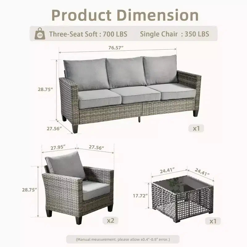 Ensemble de canapé d'extérieur 4 pièces HOMLUX avec 1 canapé 3 places, 2 fauteuils individuels et 1 table basse LED, rotin PE gris