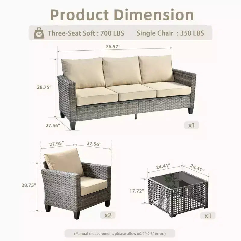 Ensemble de canapé d'extérieur 4 pièces HOMLUX avec 1 canapé 3 places, 2 fauteuils individuels et 1 table basse LED, rotin PE gris