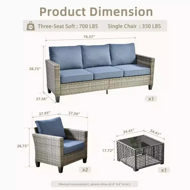 Ensemble de canapé d'extérieur 4 pièces HOMLUX avec 1 canapé 3 places, 2 fauteuils individuels et 1 table basse LED, rotin PE gris