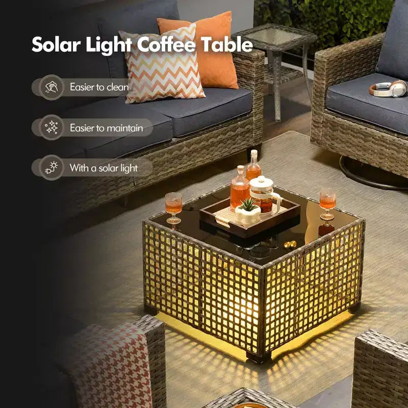 Ensemble de canapé d'extérieur 4 pièces HOMLUX avec 1 canapé 3 places, 2 fauteuils individuels et 1 table basse LED, rotin PE gris