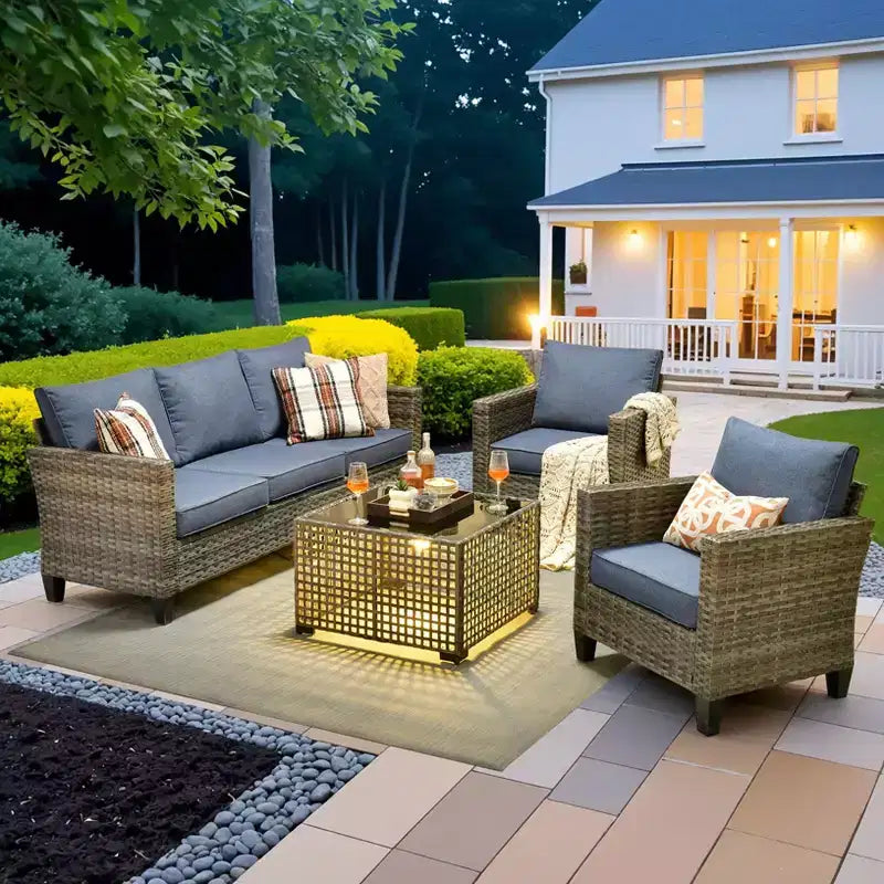 Ensemble de canapé d'extérieur 4 pièces HOMLUX avec 1 canapé 3 places, 2 fauteuils individuels et 1 table basse LED, rotin PE gris
