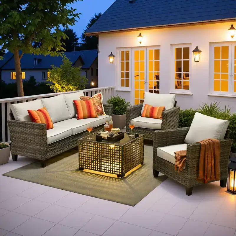Ensemble de canapé d'extérieur 4 pièces HOMLUX avec 1 canapé 3 places, 2 fauteuils individuels et 1 table basse LED, rotin PE gris