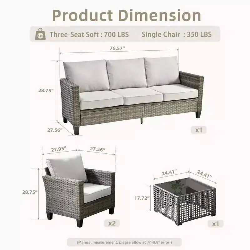 Ensemble de canapé d'extérieur 4 pièces HOMLUX avec 1 canapé 3 places, 2 fauteuils individuels et 1 table basse LED, rotin PE gris