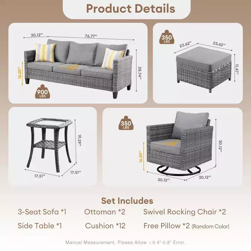 Ensemble de conversation d'extérieur 6 pièces HOMLUX avec canapé 3 places et poufs, ensemble de chaises pivotantes