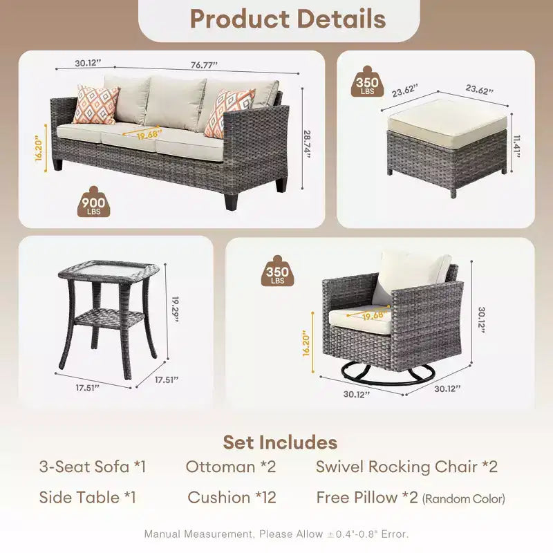 Ensemble de conversation d'extérieur 6 pièces HOMLUX avec canapé 3 places et poufs, ensemble de chaises pivotantes