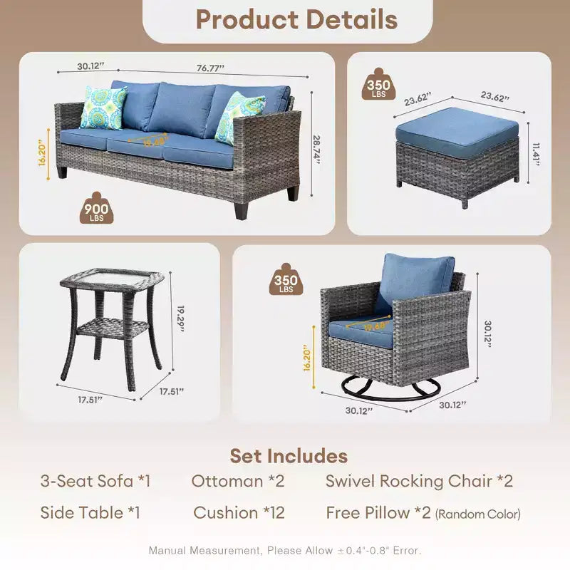 Ensemble de conversation d'extérieur 6 pièces HOMLUX avec canapé 3 places et poufs, ensemble de chaises pivotantes