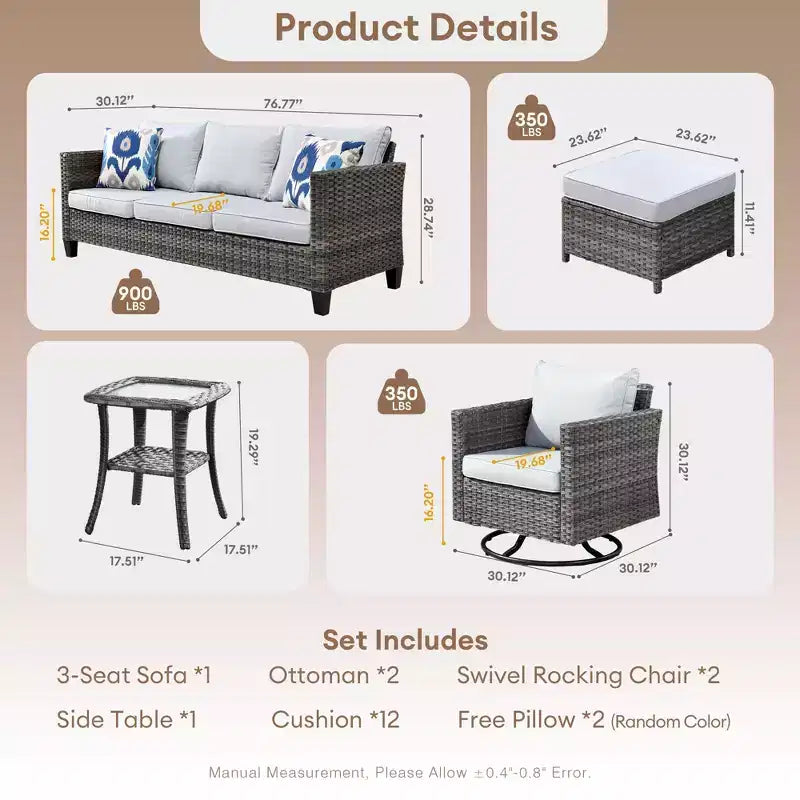 Ensemble de conversation d'extérieur 6 pièces HOMLUX avec canapé 3 places et poufs, ensemble de chaises pivotantes