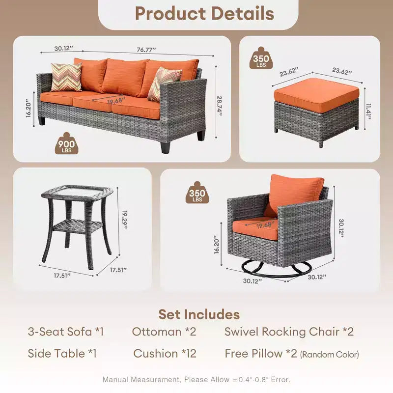 Ensemble de conversation d'extérieur 6 pièces HOMLUX avec canapé 3 places et poufs, ensemble de chaises pivotantes