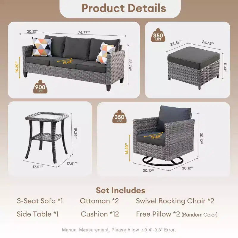 Ensemble de conversation d'extérieur 6 pièces HOMLUX avec canapé 3 places et poufs, ensemble de chaises pivotantes