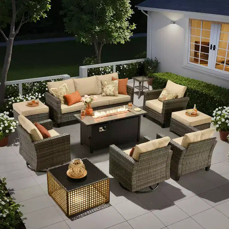 Ensemble de mobilier de jardin HOMLUX 10 pièces avec table foyer de 54 po et chaises pivotantes