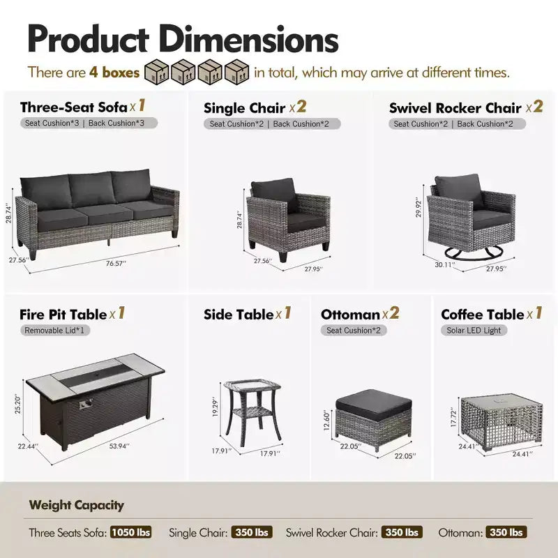 Ensemble de mobilier de jardin HOMLUX 10 pièces avec table foyer de 54 po et chaises pivotantes