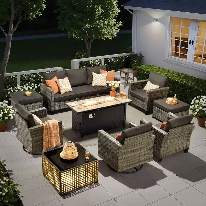 Ensemble de mobilier de jardin HOMLUX 10 pièces avec table foyer de 54 po et chaises pivotantes