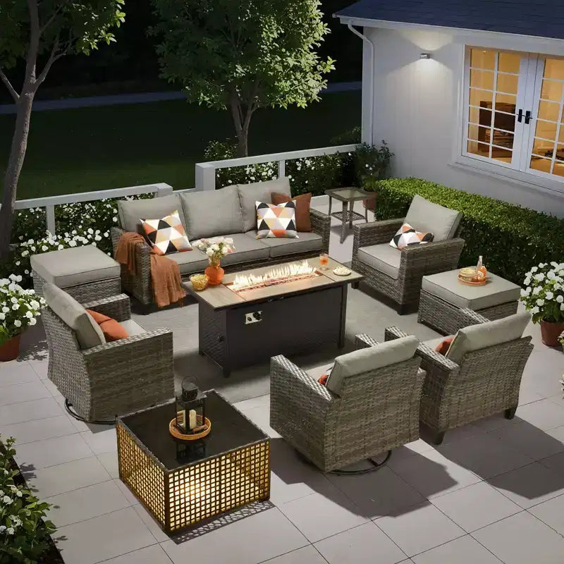 Ensemble de mobilier de jardin HOMLUX 10 pièces avec table foyer de 54 po et chaises pivotantes