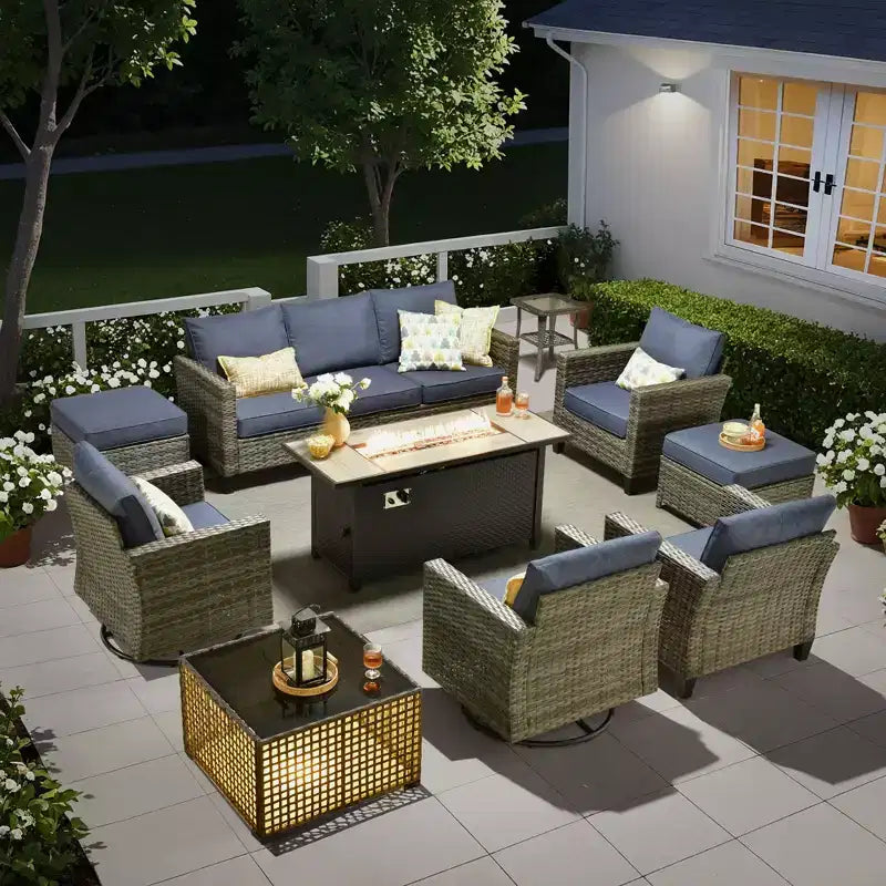 Ensemble de mobilier de jardin HOMLUX 10 pièces avec table foyer de 54 po et chaises pivotantes