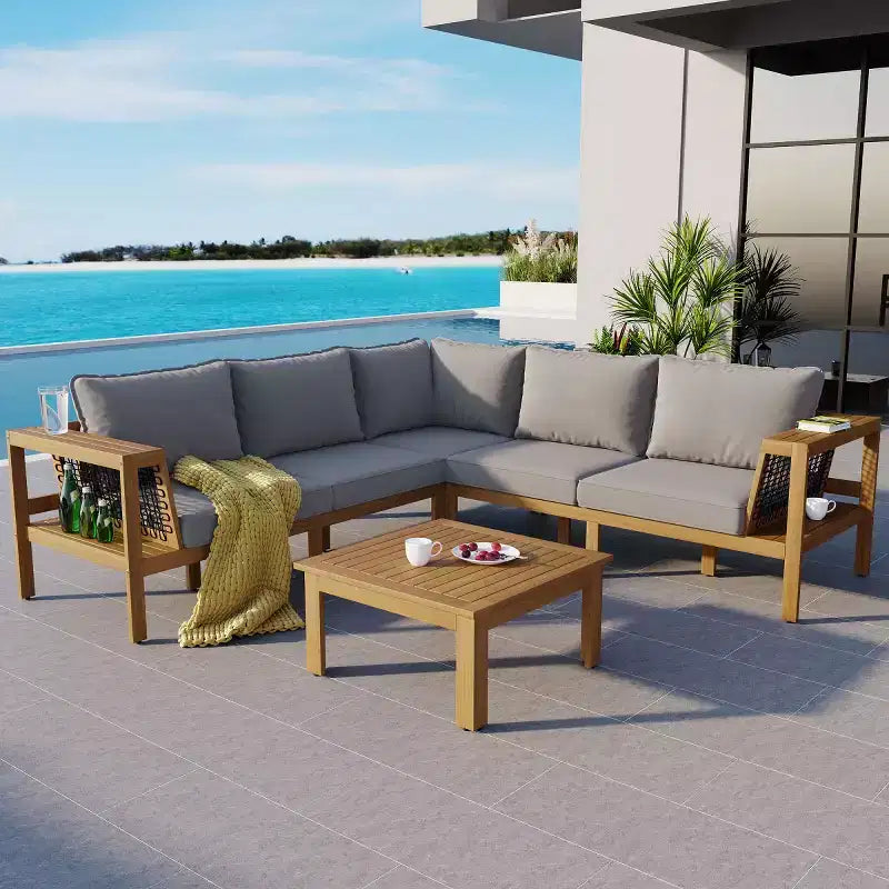 Ensemble de conversation d'extérieur moderne en bois 4 pièces avec coussins, canapé d'angle en forme de L avec table basse pour patio, jardin - Panipeachy