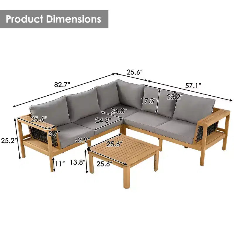 Ensemble de conversation d'extérieur moderne en bois 4 pièces avec coussins, canapé d'angle en forme de L avec table basse pour patio, jardin - Panipeachy