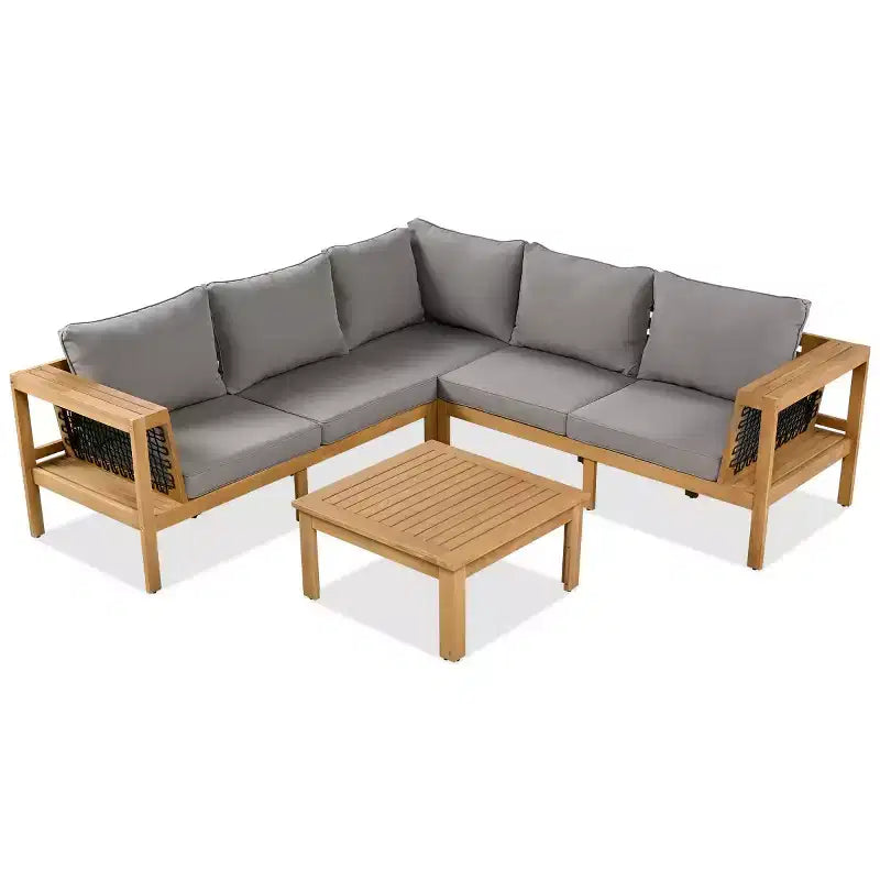 Ensemble de conversation d'extérieur moderne en bois 4 pièces avec coussins, canapé d'angle en forme de L avec table basse pour patio, jardin - Panipeachy