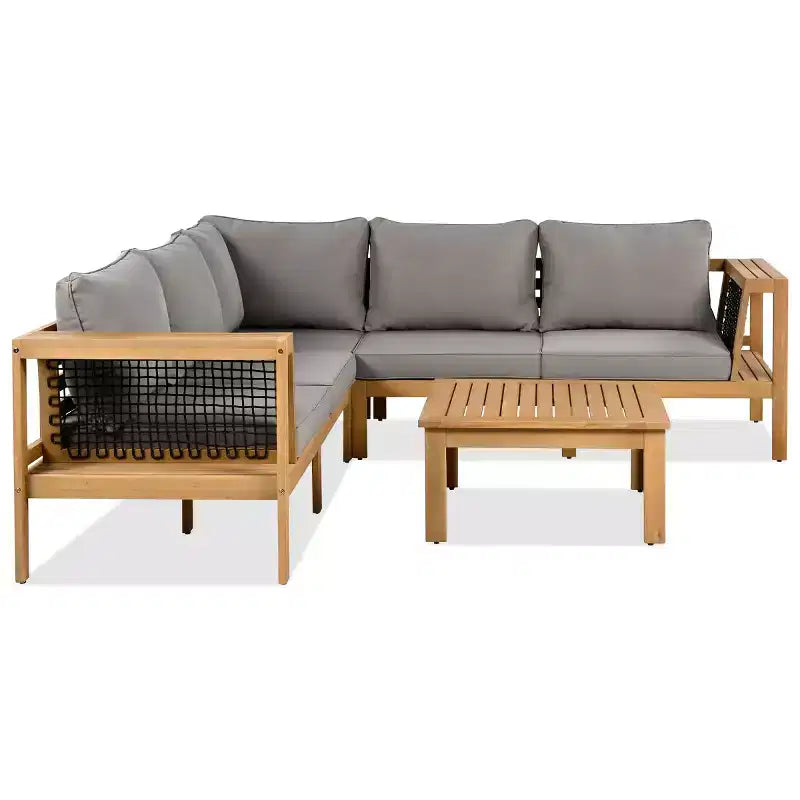 Ensemble de conversation d'extérieur moderne en bois 4 pièces avec coussins, canapé d'angle en forme de L avec table basse pour patio, jardin - Panipeachy