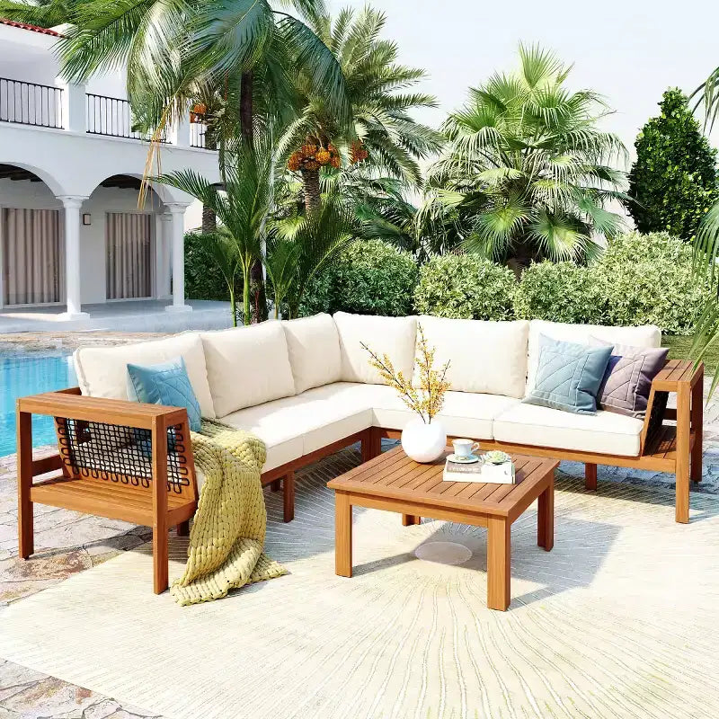 Ensemble de conversation d'extérieur moderne en bois 4 pièces avec coussins, canapé d'angle en forme de L avec table basse pour patio, jardin - Panipeachy