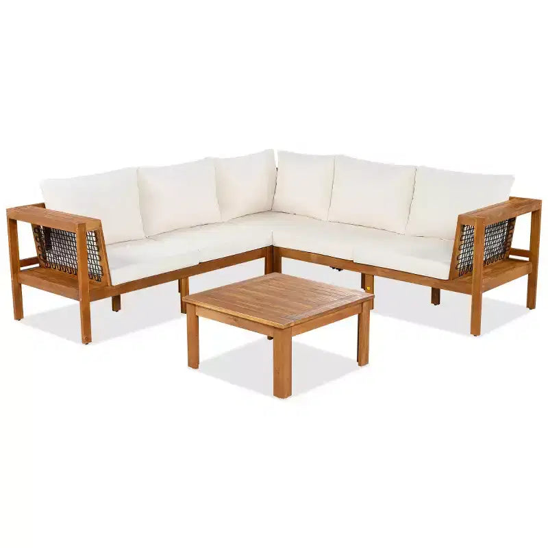 Ensemble de conversation d'extérieur moderne en bois 4 pièces avec coussins, canapé d'angle en forme de L avec table basse pour patio, jardin - Panipeachy