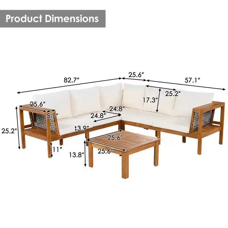 Ensemble de conversation d'extérieur moderne en bois 4 pièces avec coussins, canapé d'angle en forme de L avec table basse pour patio, jardin - Panipeachy