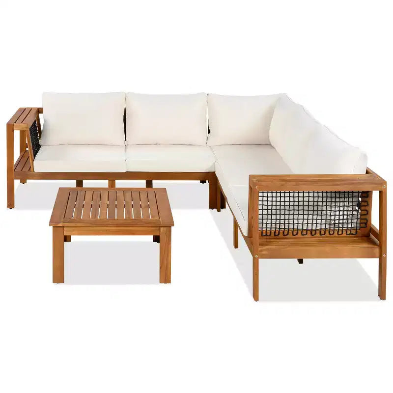 Ensemble de conversation d'extérieur moderne en bois 4 pièces avec coussins, canapé d'angle en forme de L avec table basse pour patio, jardin - Panipeachy