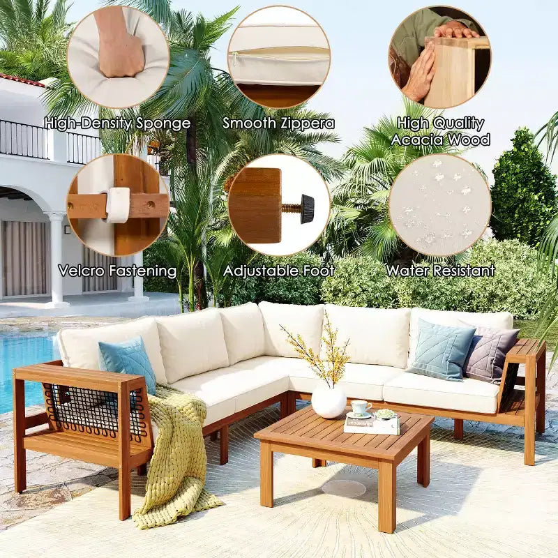 Ensemble de conversation d'extérieur moderne en bois 4 pièces avec coussins, canapé d'angle en forme de L avec table basse pour patio, jardin - Panipeachy