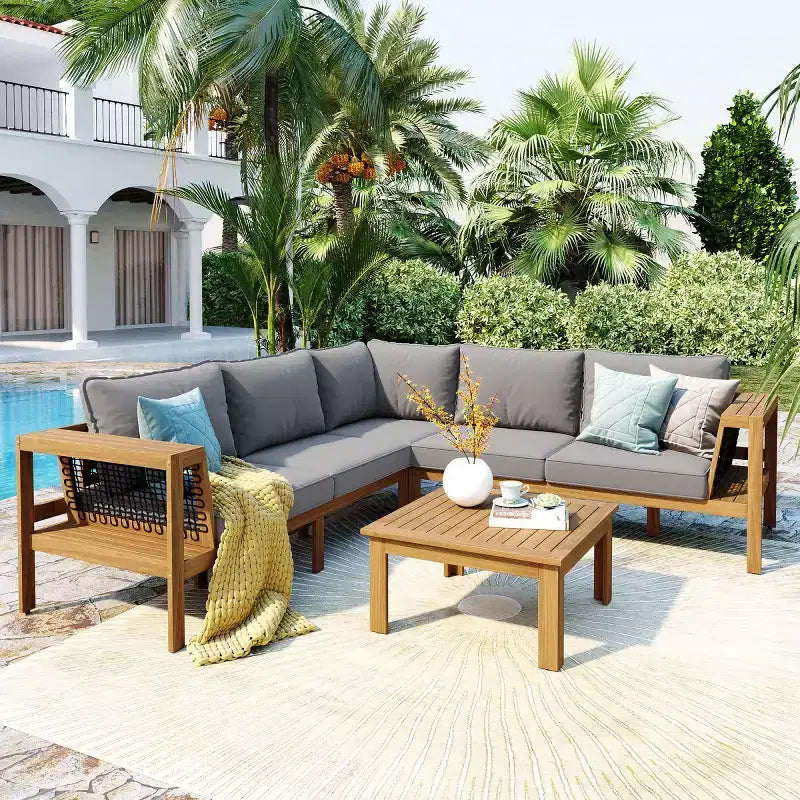 Ensemble de conversation d'extérieur moderne en bois 4 pièces avec coussins, canapé d'angle en forme de L avec table basse pour patio, jardin - Panipeachy