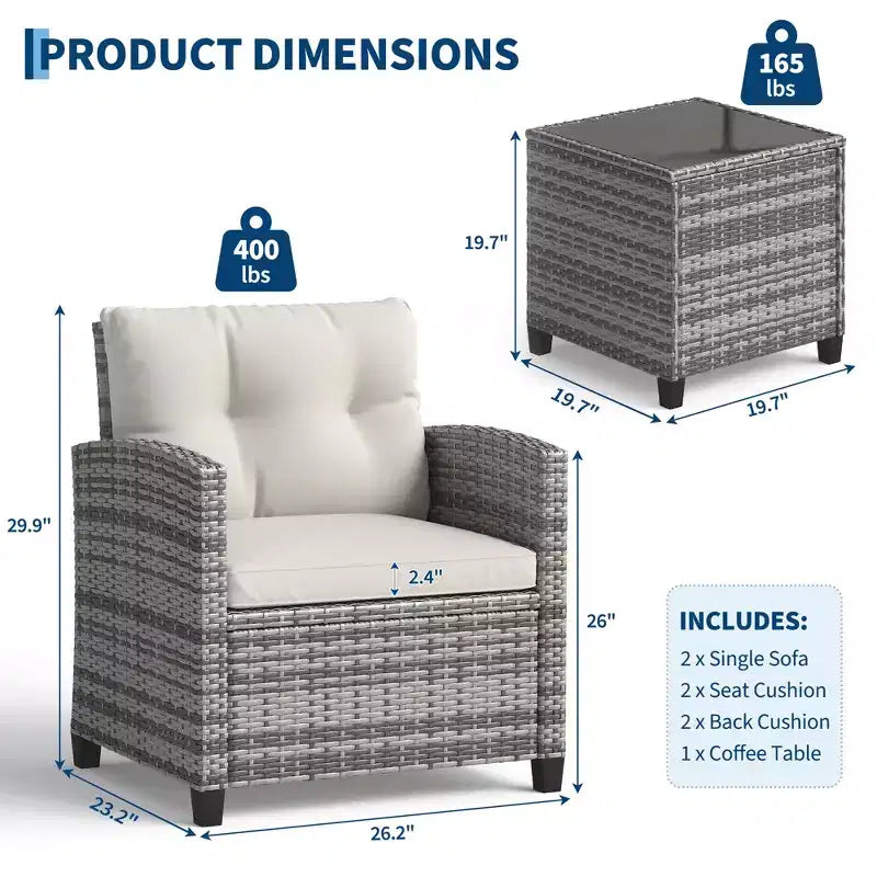 Ensemble de meubles de jardin en rotin synthétique 3 pièces, chaises et table d'extérieur avec plateau en verre trempé et coussins, ensemble de conversation de patio