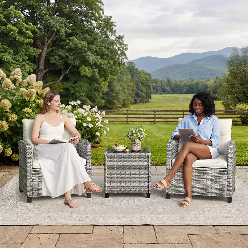 Ensemble de meubles de jardin en rotin synthétique 3 pièces, chaises et table d'extérieur avec plateau en verre trempé et coussins, ensemble de conversation de patio