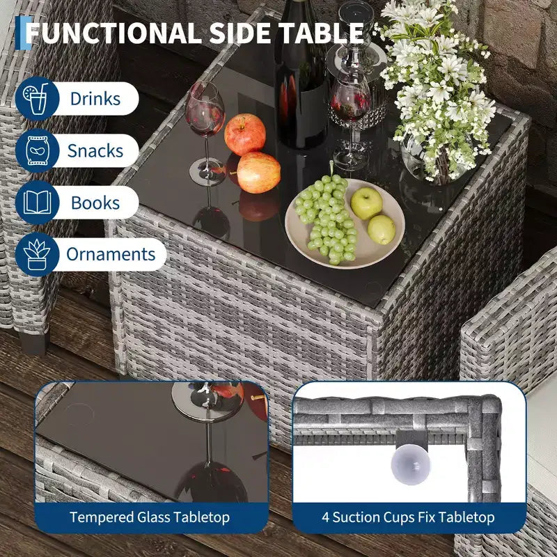 Ensemble de meubles de jardin en rotin synthétique 3 pièces, chaises et table d'extérieur avec plateau en verre trempé et coussins, ensemble de conversation de patio