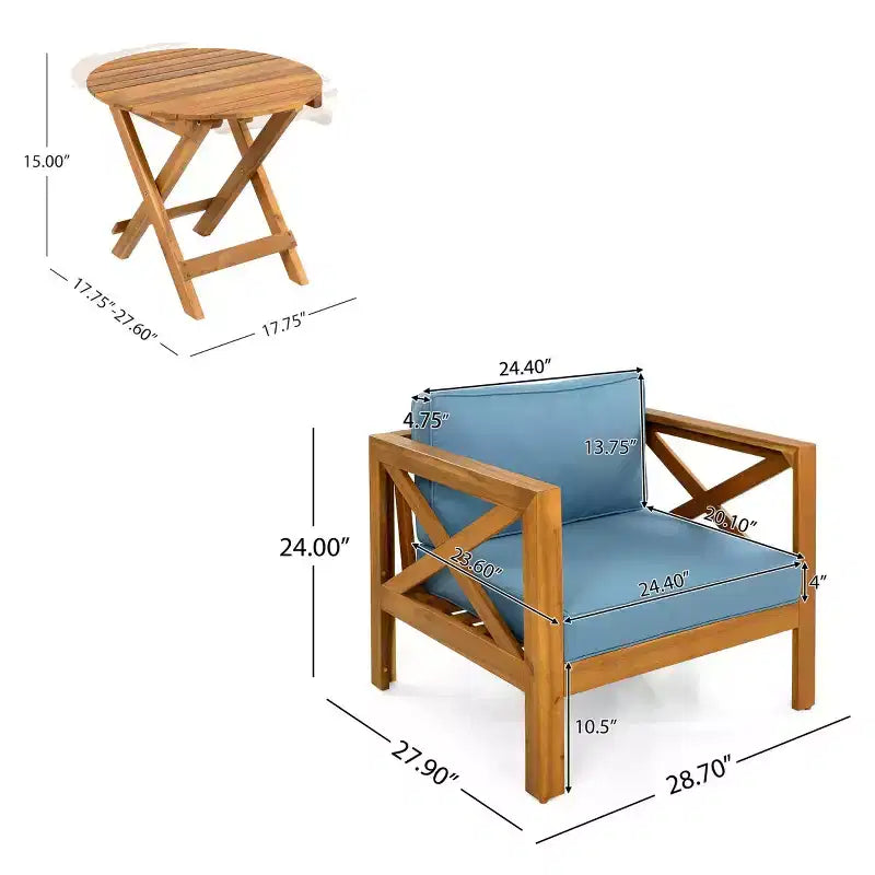 Ensemble de conversation de patio pour petits espaces, salon extérieur en bois d'acacia avec coussins et table d'appoint pliable pour balcon, terrasse, jardin-Panipeachy