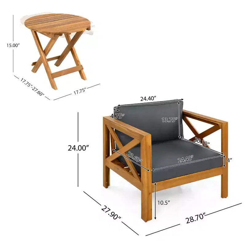 Ensemble de conversation de patio pour petits espaces, salon extérieur en bois d'acacia avec coussins et table d'appoint pliable pour balcon, terrasse, jardin-Panipeachy