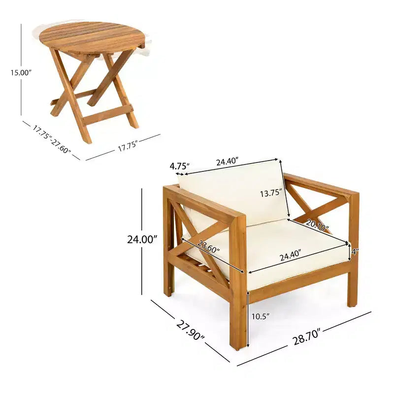 Ensemble de conversation de patio pour petits espaces, salon extérieur en bois d'acacia avec coussins et table d'appoint pliable pour balcon, terrasse, jardin-Panipeachy