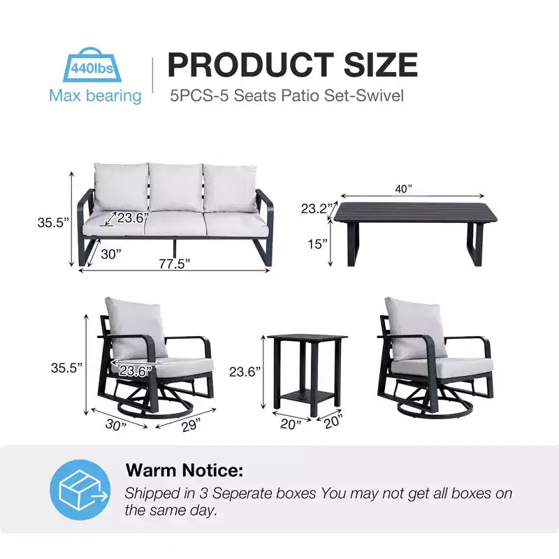 GDFStudio Baldwin Salon de jardin moderne 5 pièces en aluminium avec 2 tables basses et 2 chaises pivotantes