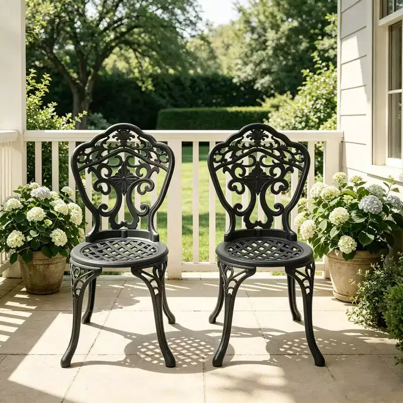 Lot de 2 chaises de salle à manger d'extérieur en fonte d'aluminium, cadre noir résistant à la rouille avec motif sculpté orné