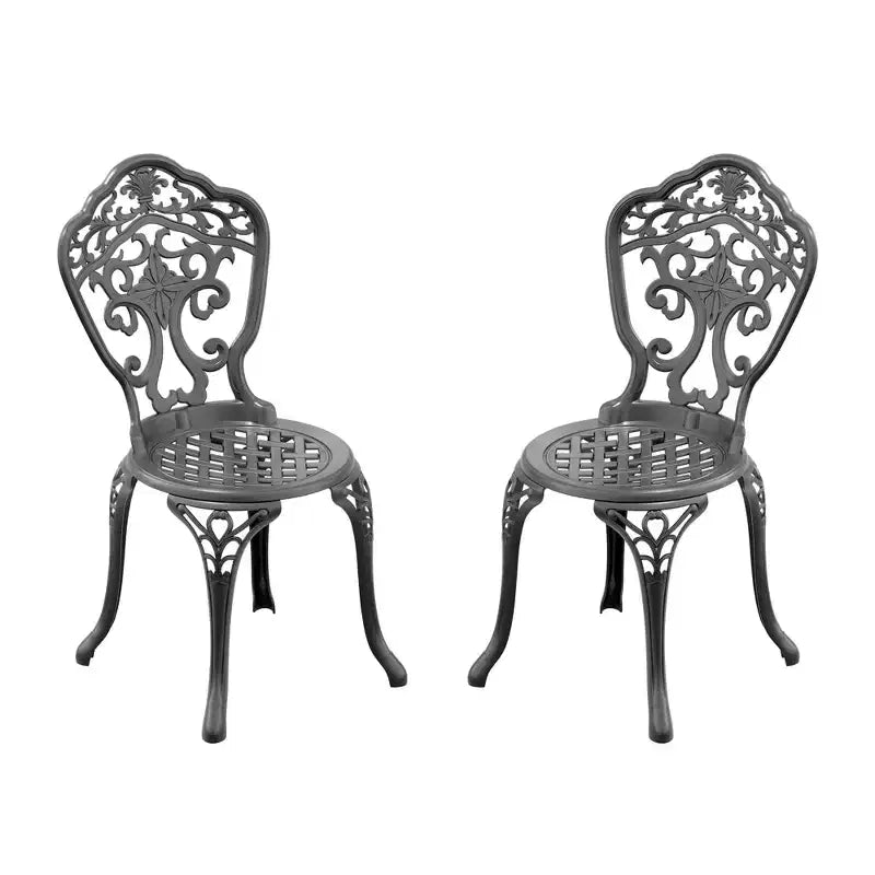 Lot de 2 chaises de salle à manger d'extérieur en fonte d'aluminium, cadre noir résistant à la rouille avec motif sculpté orné