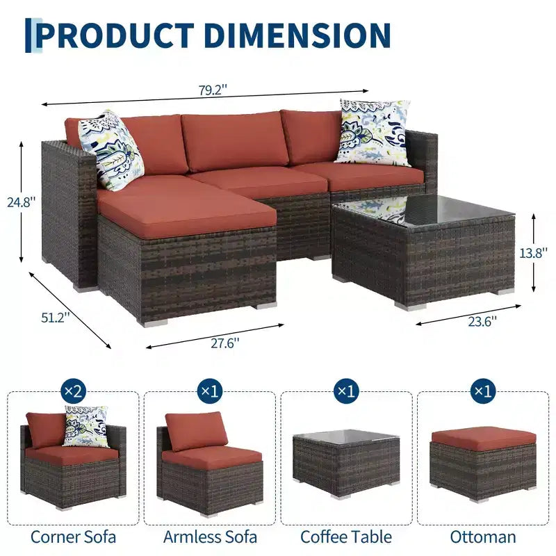 Ensemble de conversation d'extérieur 5 pièces GustoWave, canapé d'angle en rotin avec table en verre et coussins décoratifs
