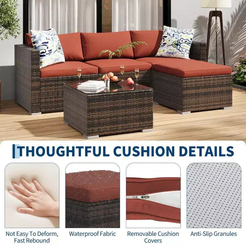 Ensemble de conversation d'extérieur 5 pièces GustoWave, canapé d'angle en rotin avec table en verre et coussins décoratifs