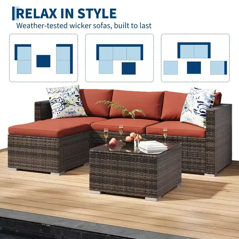 Ensemble de conversation d'extérieur 5 pièces GustoWave, canapé d'angle en rotin avec table en verre et coussins décoratifs
