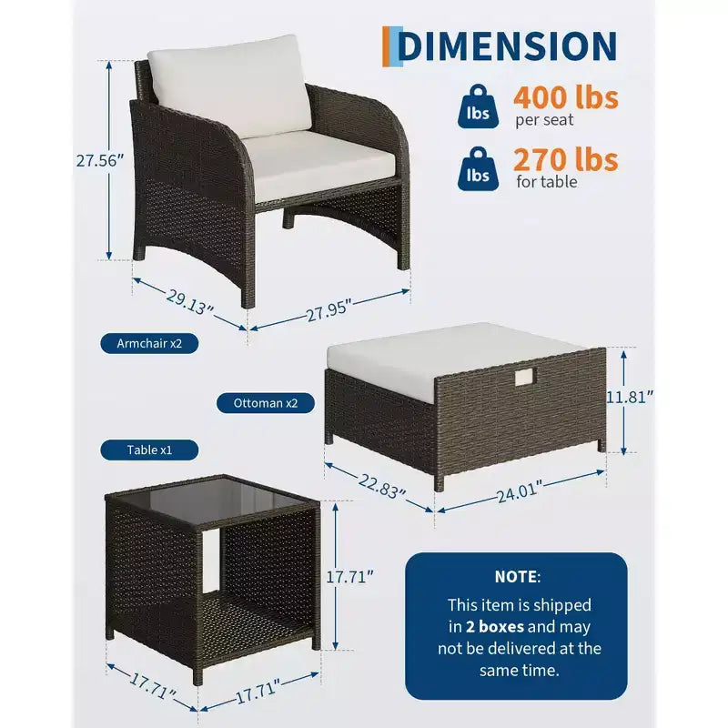 Ensemble de mobilier de jardin 5 pièces en rotin PE tressé, sièges d'extérieur tout temps pour jardin, balcon et terrasse