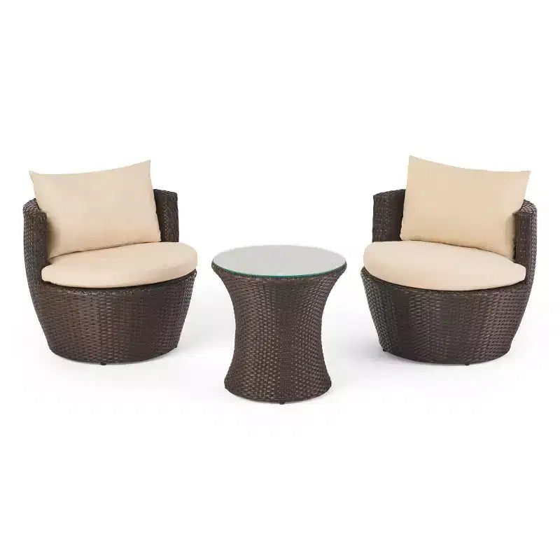 Ensemble de conversation d'extérieur ModernLuxe 3 pièces, salon de jardin en rotin PE avec coussins et table en verre trempé