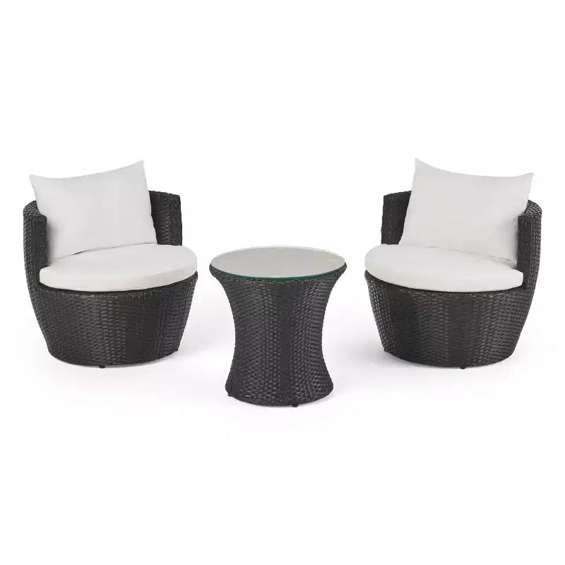 Ensemble de conversation d'extérieur ModernLuxe 3 pièces, salon de jardin en rotin PE avec coussins et table en verre trempé