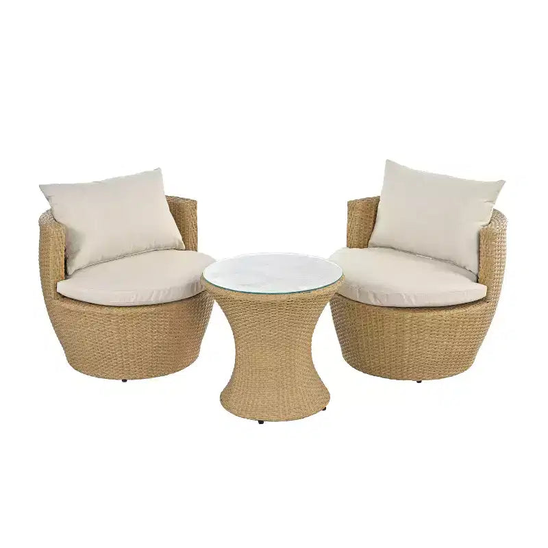 Ensemble de conversation d'extérieur ModernLuxe 3 pièces, salon de jardin en rotin PE avec coussins et table en verre trempé