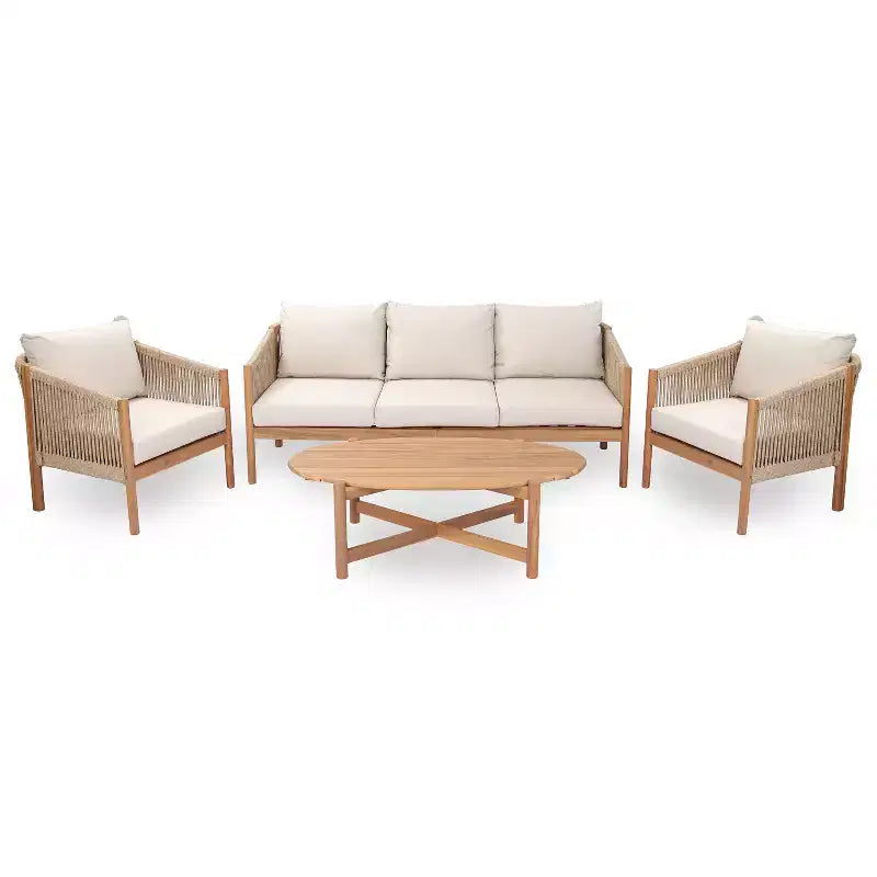 Christopher Knight Home Adewale – Ensemble de jardin moderne 4 pièces en acacia avec coussins, table à lattes et design en corde