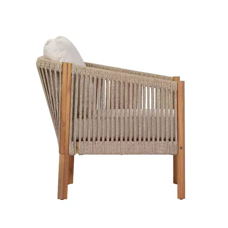 Christopher Knight Home Adewale – Ensemble de jardin moderne 4 pièces en acacia avec coussins, table à lattes et design en corde