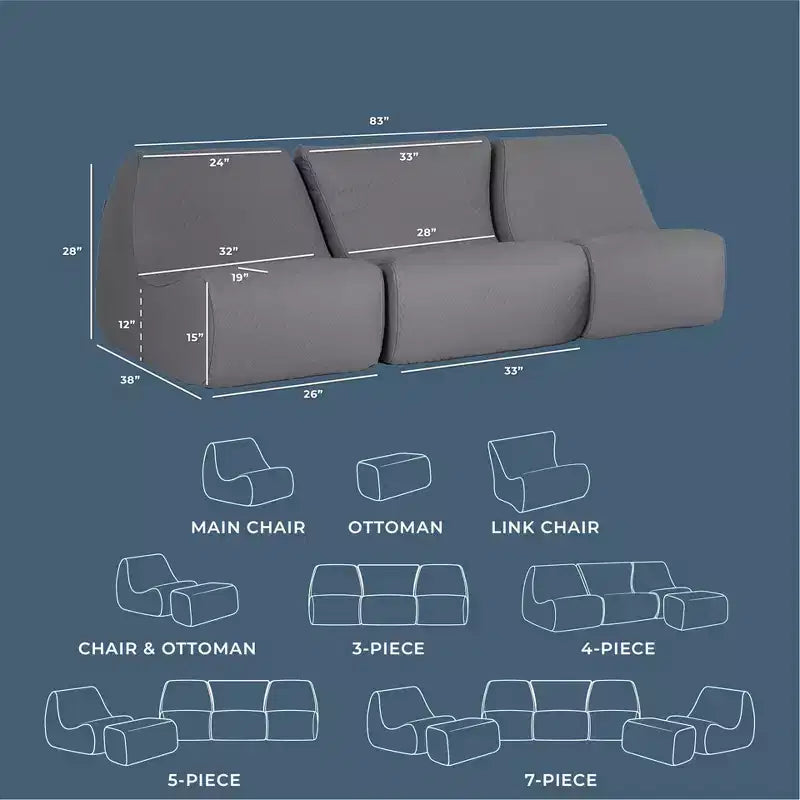 Ensemble de mobilier de jardin Big Joe Solvana, canapé sectionnel 3 pièces en cuir cousu avec silicone au toucher frais et résistant aux intempéries, gris clair de lune