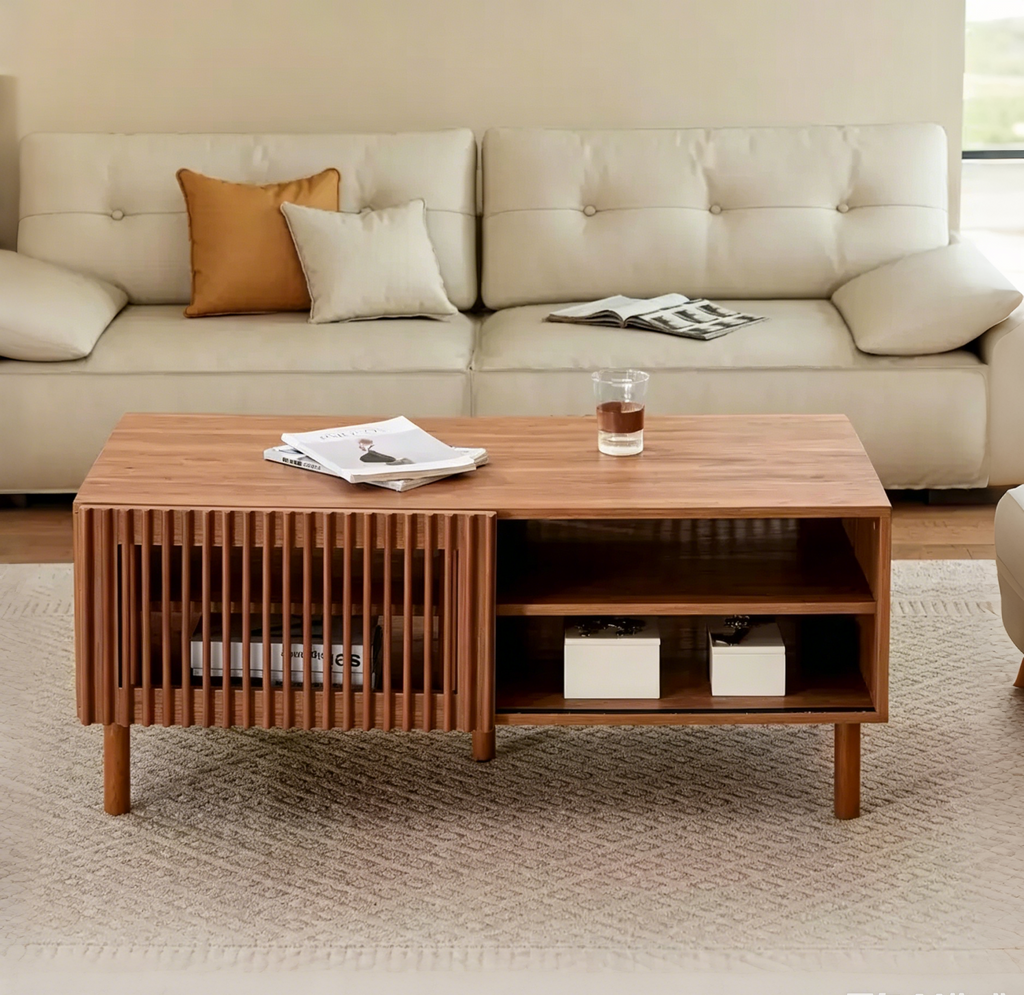Table basse moderne avec rangement - Portes coulissantes cannelées de 44 po et étagères latérales doubles
