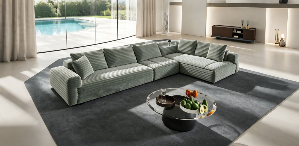 Canapé convertible 4 places en velours côtelé de 259,1 cm avec poufs - Vert