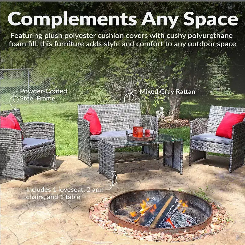 Sunnydaze Salon de conversation Ardfield pour patio avec causeuse, chaises et table - Gris et gris - 4 pièces